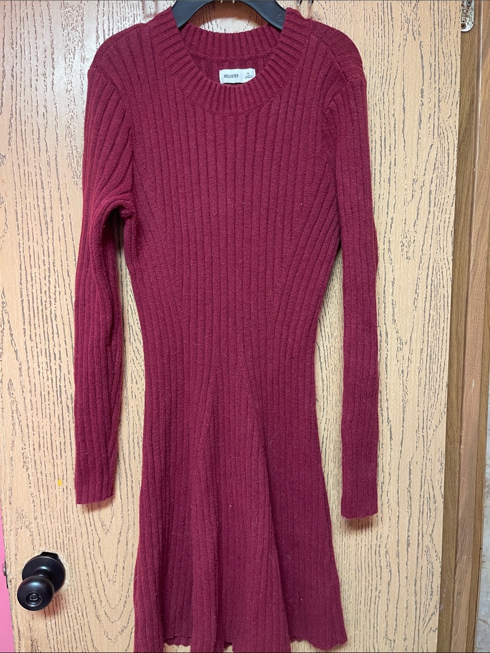 Hollister Ribbed Long Sleeve Knit Dress - Burgundy